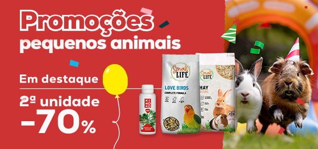 -70% na 2ª unidade numa seleção de alimentação, snacks, feno, absorvente e acessórios para pequenos animais