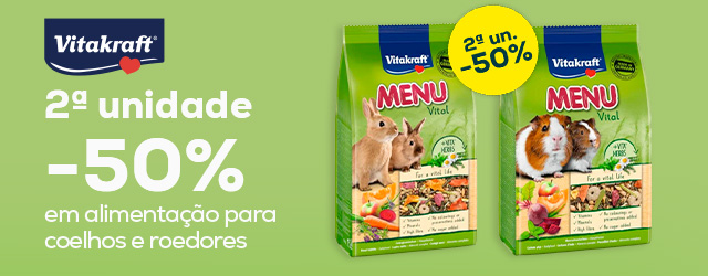 Vitakraft: -50% na 2ª unidade em alimentação para coelhos e roedores 1kg