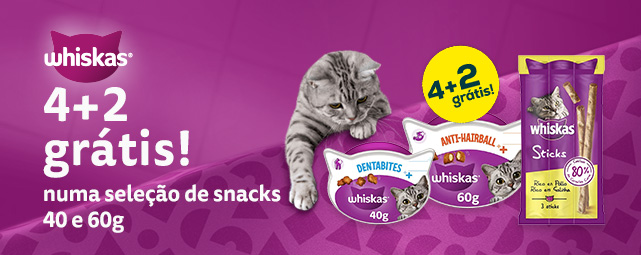 Whiskas: 4+2 grátis numa variedade de packs de snacks para gato