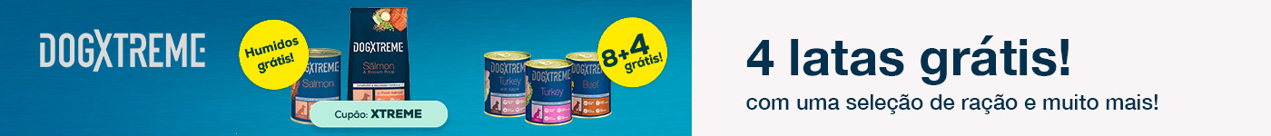 Dogxtreme: 4 latas de húmidos grátis com uma seleção de ração 3kg e 8+4 grátis com uma seleção de packs de húmidos 12x400g.