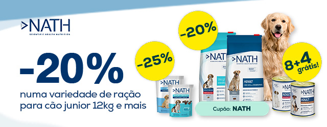 Nath: -20% numa seleção de ração para cão, 8+4 grátis numa seleção de packs de húmidos para cão e -25% numa seleção de packs de snacks para cão