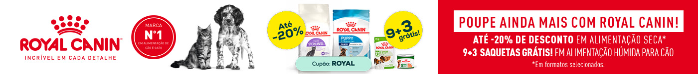Royal Canin: -20% numa seleção de ração  9 + 3 grátis em uma variedade de alimentação húmida para cão